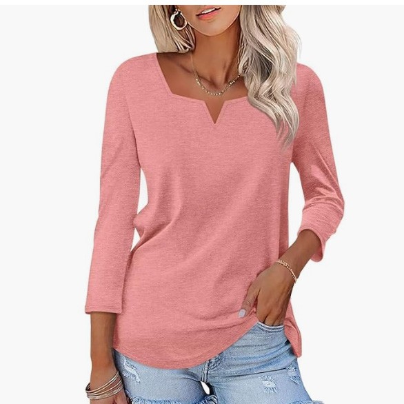 thumbnail image 2 of Top de mujer con cuello cuadrado, manga 3/4 y bloques de color - Blusa elegante y casual para el verano, corte holgado, 2 of 5